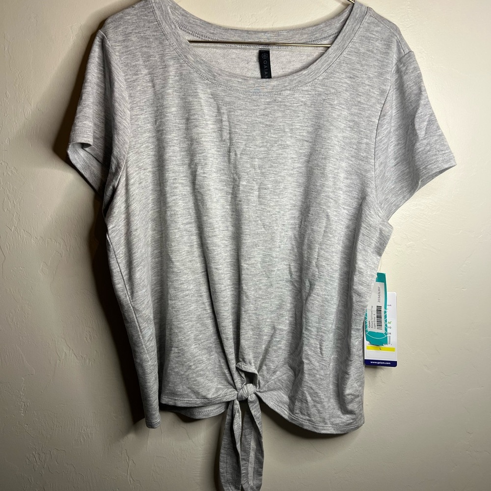 GAIAM Light Gray Tie-Front Yoga Short Sleeve Tee large NWT